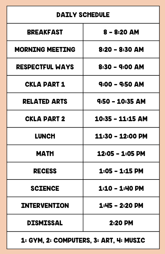 Below is our schedule! There are the classes and times that the students are in those classes.